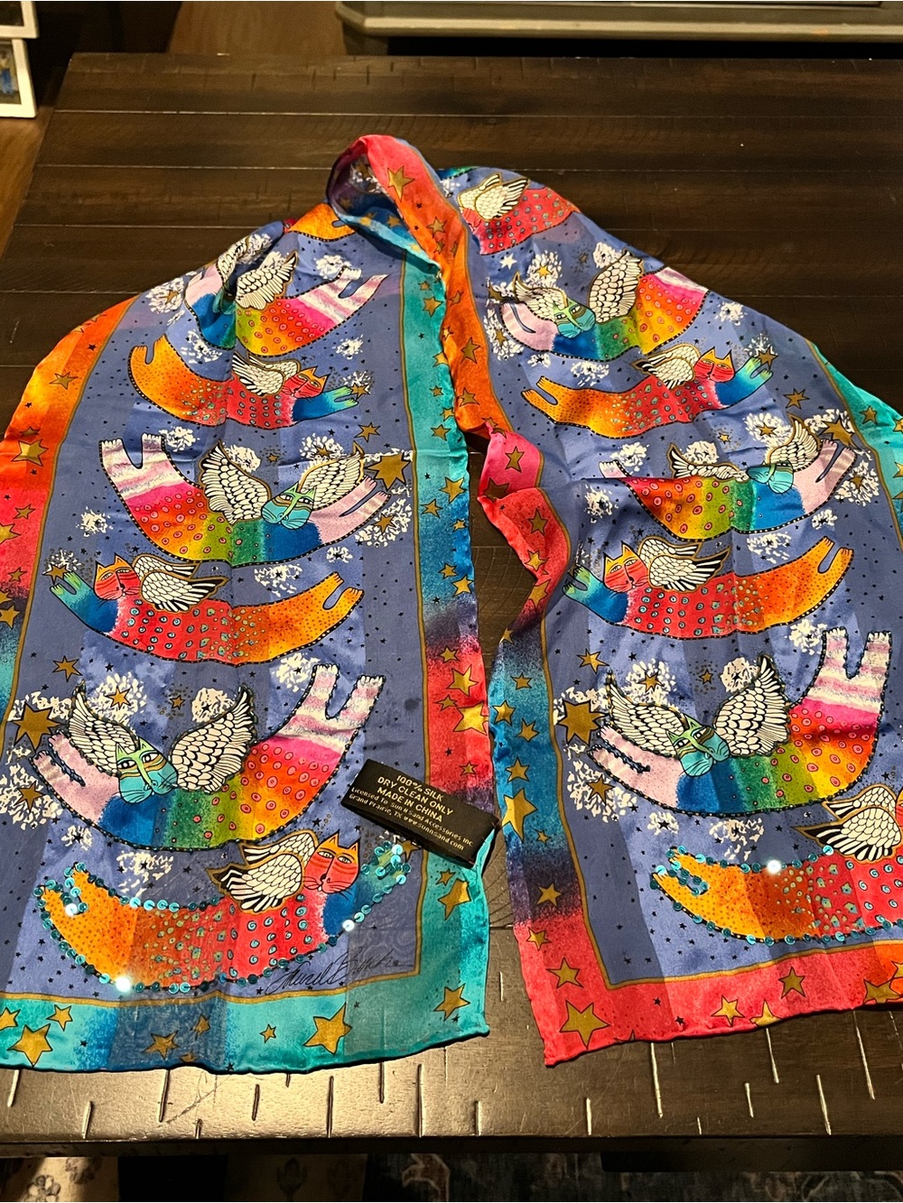 Laurel Burch Angel Cats Scarf 100% Silk Long Rainbow Colorful Cat Stars Signed